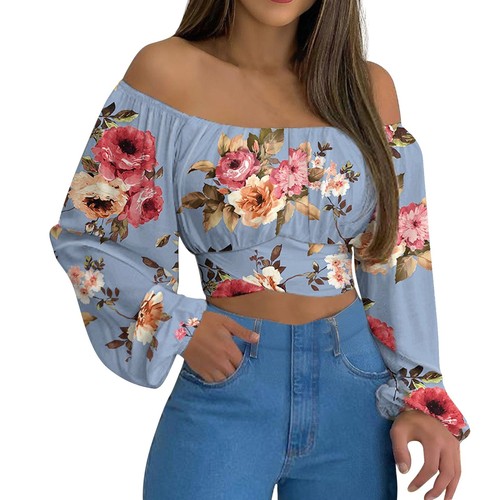 Woman Off Shoulder Ruched Tie Back Crop Tops Summer Lantern Sleeve Boho Slim Fit - Picture 7 of 41