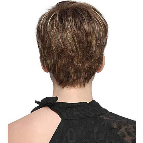Women's Short Brown Pixie Cut Wigs with Bangs Mixed Blonde Highlights Pixie Wigs - 第 6/7 張圖片