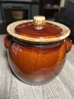 Vtg Hull  Brown Drip Pottery Bean Pot with Lid, Oven Proof, USA, 7” W X 7” H
