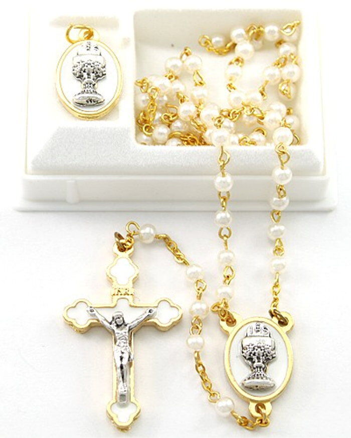 NEW MADE IN ITALY WHITE GLASS PEARL & GOLD PLATED COMMUNION ROSARY GIFT SET