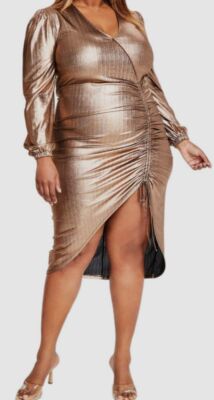 Nina Parker Womens Gold Metallic V-Neck Ruched Drawstring Dress Plus Size 2X | eBay Nina Parker Womens Gold Metallic V-Neck Ruched Drawstring Dress Plus Size 2X | eBay