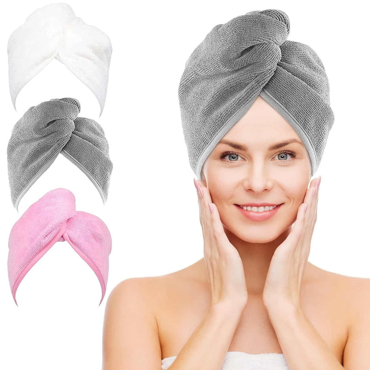 Microfiber Hair Towel 3 Pack White Grey Pink 9.8 Inch X 25.5