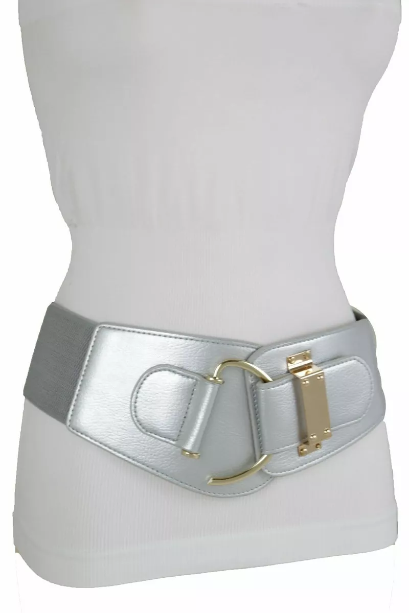 Women Elastic High Waist Hip Wide Silver Metallic Fabric Hook Buckle Belt L XL