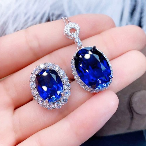 2pc Jewelry Set Oval Ocean Blue Topaz Gemstone Charm Silver Women Pendant Rings - Picture 6 of 6