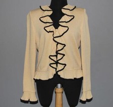 ST. JOHN Butter Yellow  Black Ruffle Front Collar Sleeves Button Sweater Wms 2