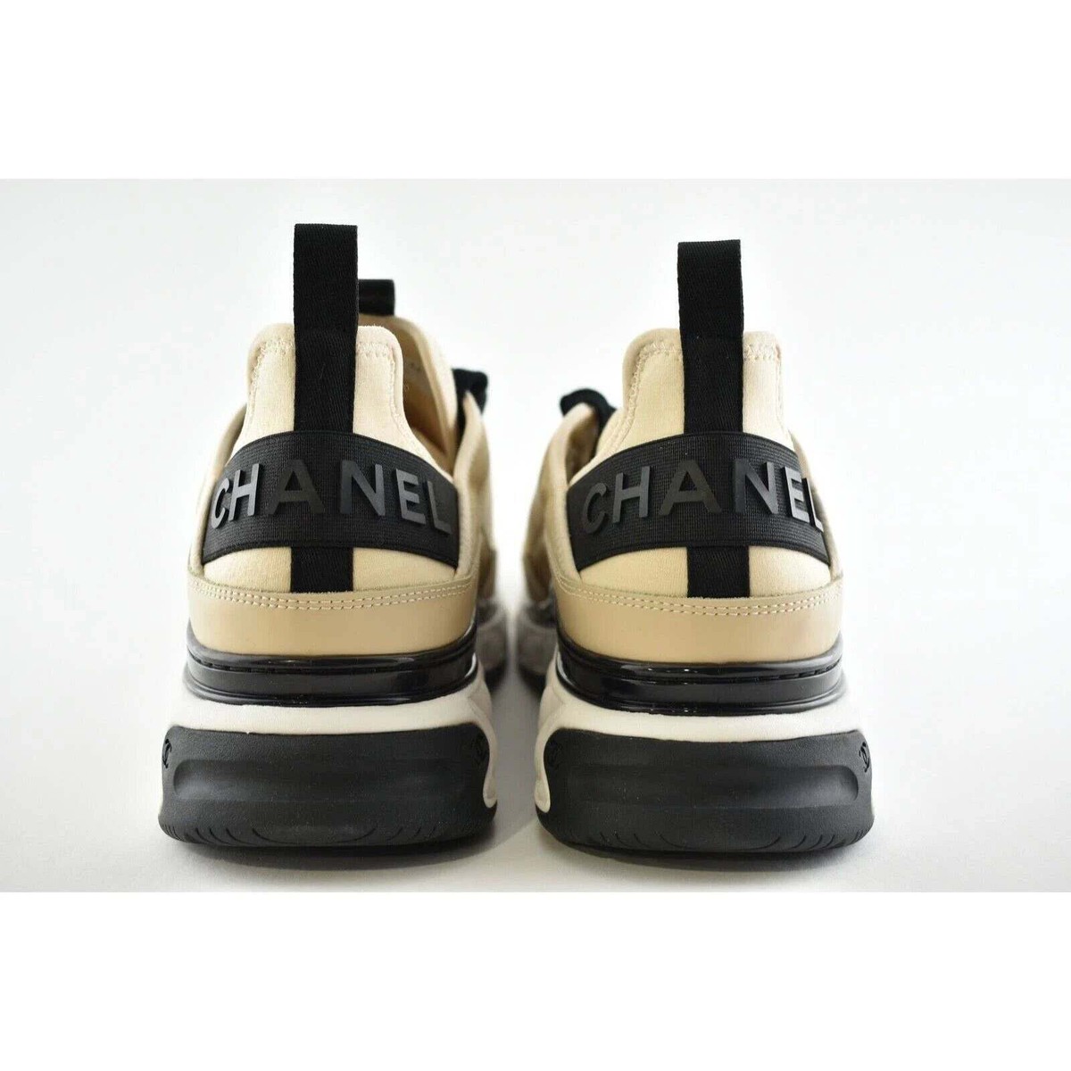 Chanel REV Mens Beige Black White CC Logo Lace Up Low Top