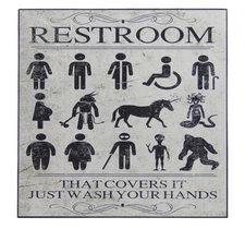 Funny Wash Hands All Gender Restroom Toilet Sign Shelf Sitter Wall Art 5" x 5"