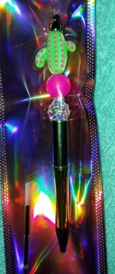 Beaded Pink Dotted Cactus Silicone Focal Refillable Pen With Free Ink Refill