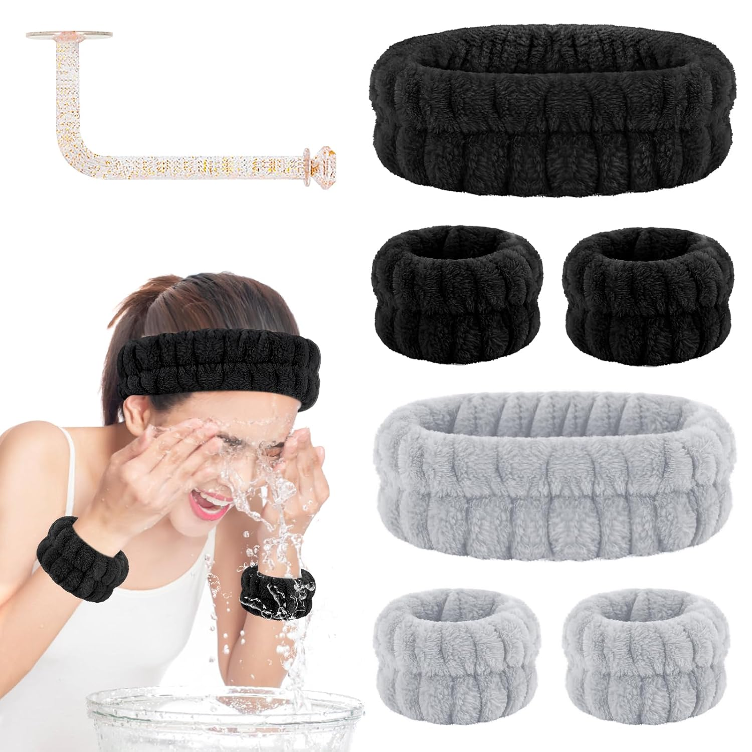 Microfiber Face Wash Headband and Wristband Set with Towel Holder-image