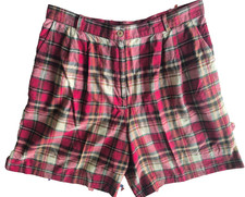 Vintage Women High Waist Shorts 32 Red Tartan Plaid Pleated Preppy College 16
