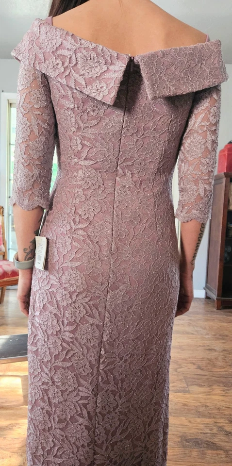Olega Cassini form Fitting V-Neck Glitter Lavender/Mocha Lace Dress Size 6 MOB/ - Image 2 of 4