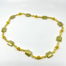 Vintage Olive Green Yellow Beaded Strand Necklace Square Cushion Acrylic Retro