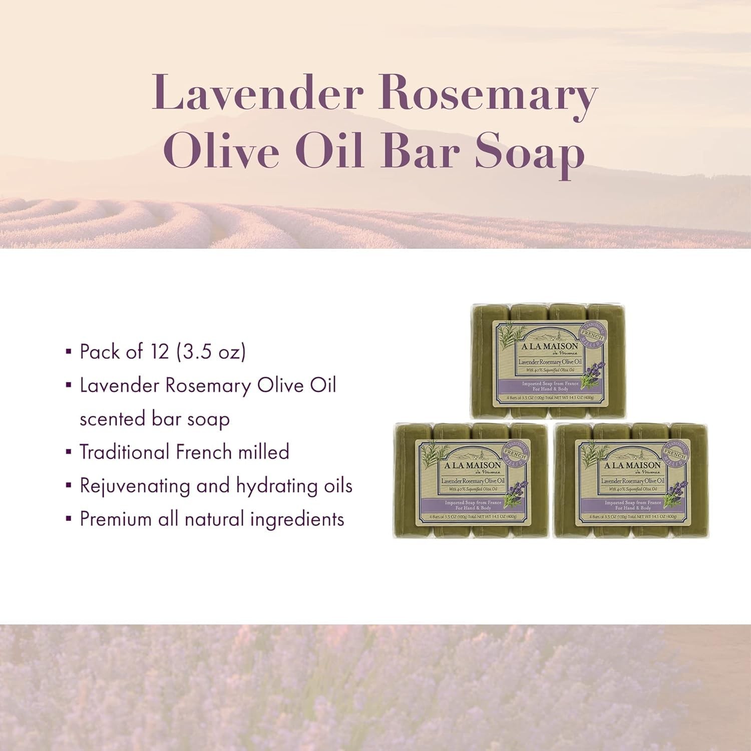 Lavender Rosemary Olive Oil Bar Soap - Uses: Hand and Body, Triple Milled, Es...