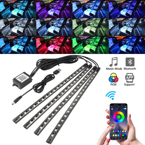 RGB 72 LED USB Car Interior Under Floor Atmosphere Light Strips Bluetooth APP 4x