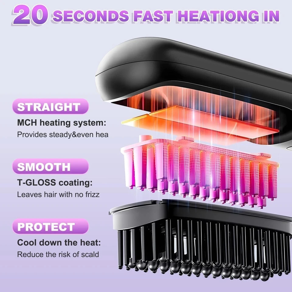 Go Brush Pro Cordless Hair Straightener Brush - Portable Hair Straightening B...