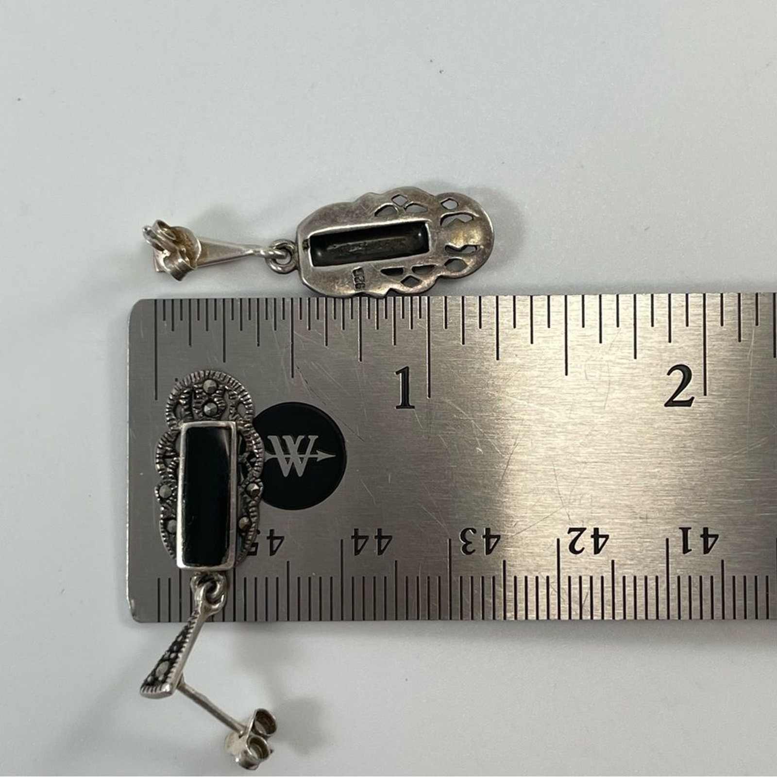 925 Sterling Silver Black Onyx Marcasite Art Deco Dangle Statement Earrings