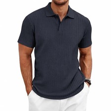 Men's knitted textured simple short-sleeve polo shirt, casual golf business top,