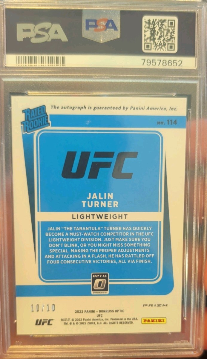 2022 Panini Prizm UFC Jalin Turner Rookie Optic Auto Gold 10/10 PSA 9 view 2