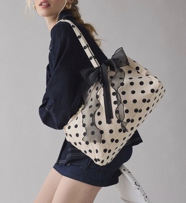 BAGGU Medium Nylon Bowler Bag - Cream & Black Polka Dot (UO Exclusive) NWT