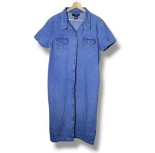 Original TY Wear Vintage Denim Short Sleeve Button Front Dress Pockets Size L