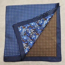 Cremieux Pocket Square Blue Brown 100 Silk 4 Panels Floral Foulard New 35