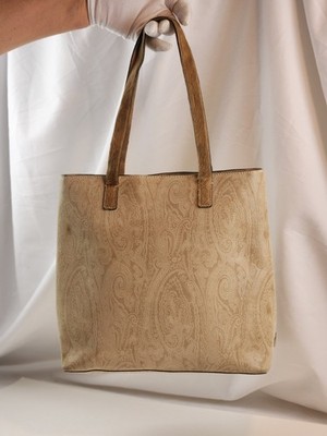 Authentic ETRO Paisley Tote Calf White Shimmer Handle Shoulder Bag Canvas Beige