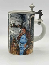 Vintage German Beer Stein 5.25" Hand Painted Tavern Scene Pewter Lid Barrels Pub