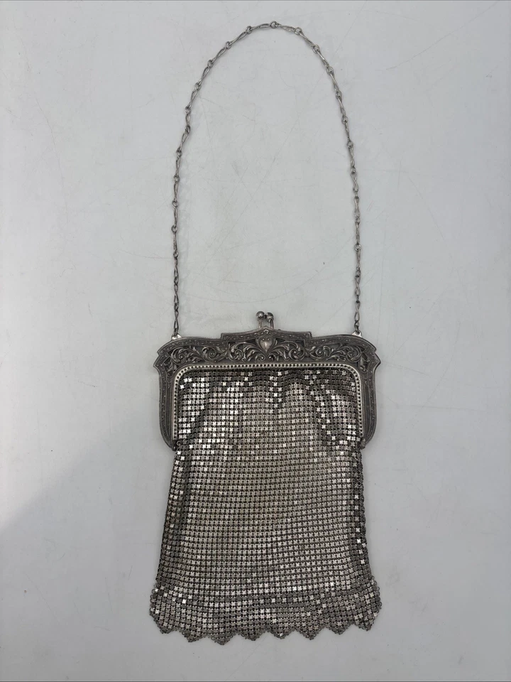 Vintage signierte Whiting & Davis Silber Netz Tasche Art Deco Flapper verzierte Handtasche - Bild 1 von 4