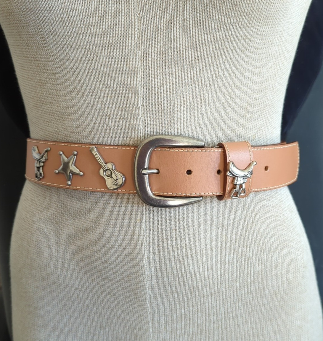 Vtg Prima Collezione By Leather Shop Western Belt Saddle Star & Guitar Size M-lp