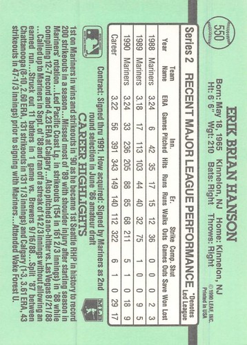 Erik Hanson 1991 Donruss 550a Seattle Mariners BASEBALL Card - Picture 2 of 2