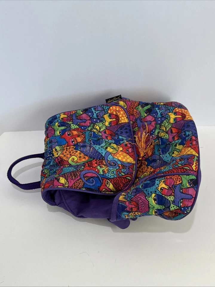 Laurel Burch Fantástico Felinos Mochila Acolchada Cartera Bolso Cinch Colorido Arte Gato Foto 4 de 4