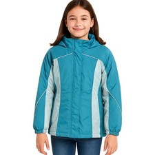 LL Bean Coat Kids 14/16 Blue Teal Colorblock Hooded Piping Outdoor Youth Sporty