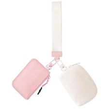 Dual Pouch Wristlet Keychain Wallets for Women with 2 Detachable Pink Ivory