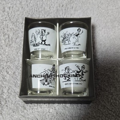 Anchor Hocking Vintage 1960s Painted Novelty Shot Glass Set of 4 3 oz Box