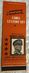 AMERICA'S WWII LEADER MATCHBOOK COVER: GENERAL MacArthur 1940s LOS ANGELES TIMES