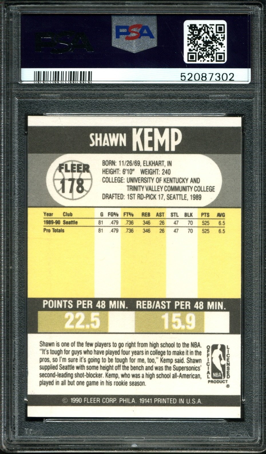 1990 FLEER #178 SHAWN KEMP RC SUPERSONICS PSA 10 view 2