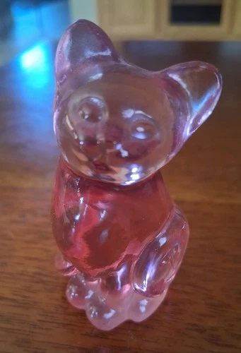 Vintage Fenton Art Glass Pink 3" Sitting Cat Figurine Marked