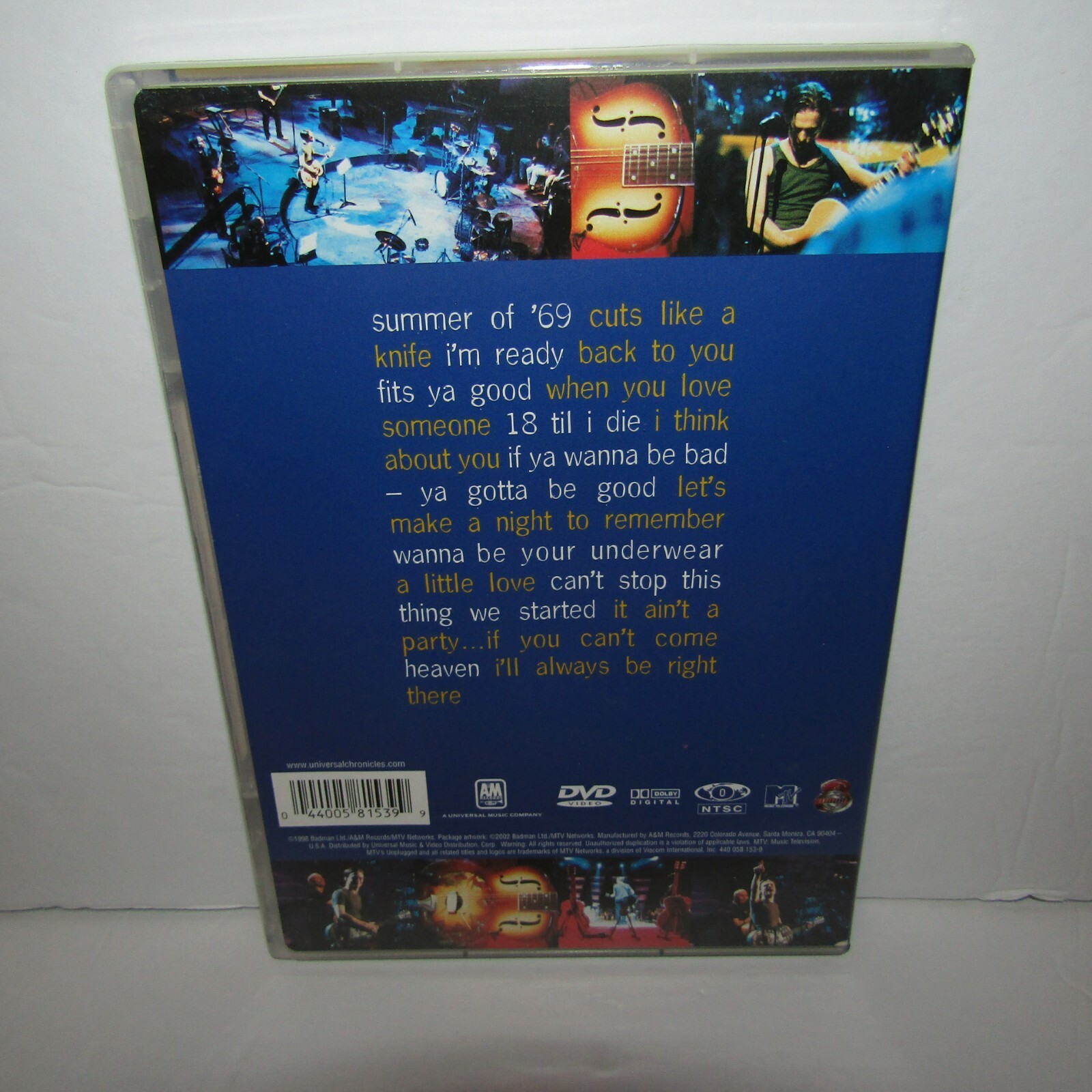 Bryan Adams Unplugged DVD Summer of '69 Cuts Like A Knife Heaven Back