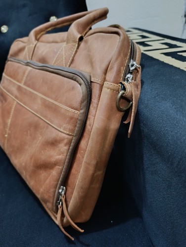 HANDMADE IN ITALY DESIGNER TAN LEATHER BRIEFCASE LAPTOP SATCHEL BAG MESSENGER - Picture 2 of 16