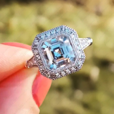 2,89 kt Asscher Moissanit Vintage Stil Verlobungsring 14 K Weißgold vergoldet