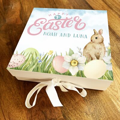 Aquarell Hase Frohe 1. Ostern personalisiert quadratisch Andenken Korb Geschenkbox