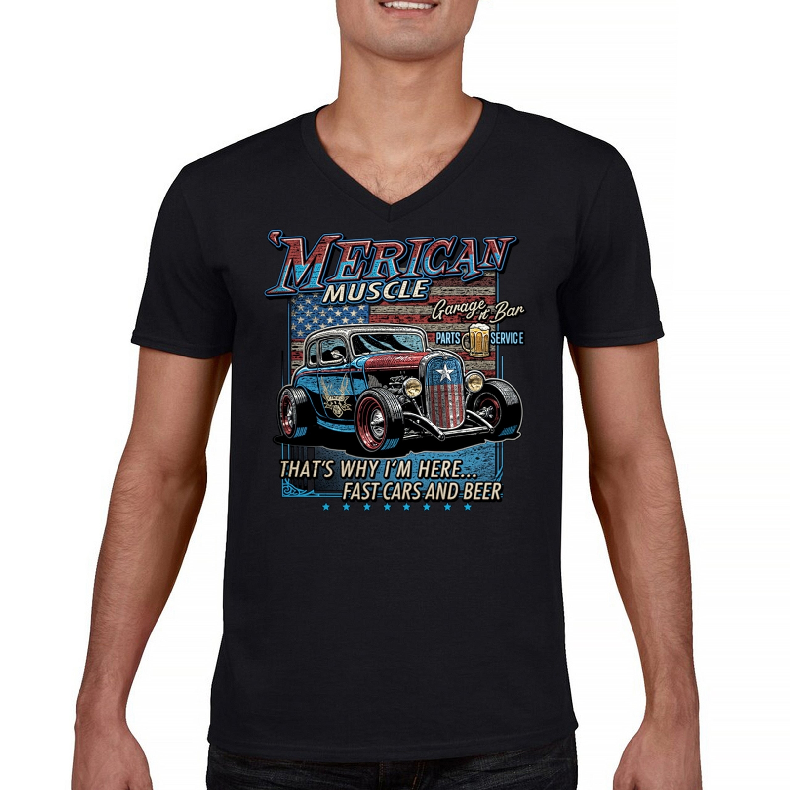 ALTRA T shirt collo a V 'Merican Muscle Fast Cars and Beer Hot Rod Car Show America