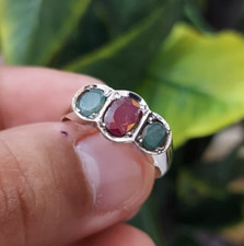 Three Stone Band Natural Ruby Stone With Natural Emerald Stones Ring Silver 925