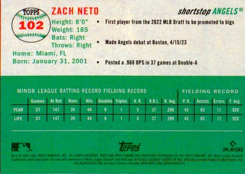 Topps 2023 cromo platino aniversario #102 Zach Neto radiocontrol - Imagen 2 de 2