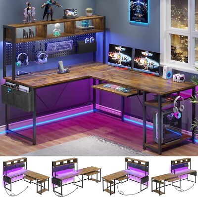 L Shaped Computer Desk with Power Outlet and Pegboard, Reversible Corner Desk