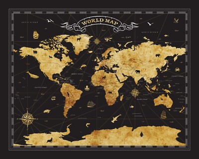 World Map Pinboard Wall Art Travel Tracker Board, Black and Gold