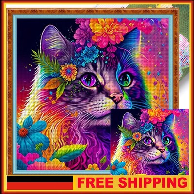 Full Embroidery Cotton Thread 11CT Print Colorful Cat Cross Stitch 40x40cm