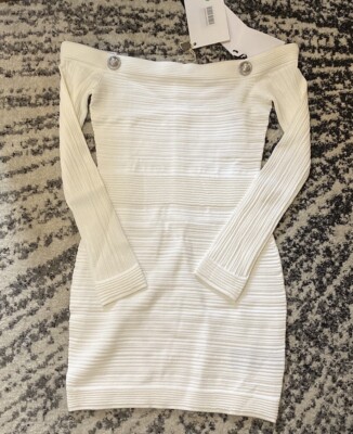 BALMAIN Off-the-shoulder button-embellished ribbed-knit mini dress | eBay