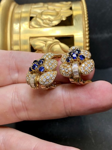Estate AIMETTI 18K Baguette Round Diamond Sapphire Leaf Huggie Earrings 6.04ctw - Picture 7 of 11