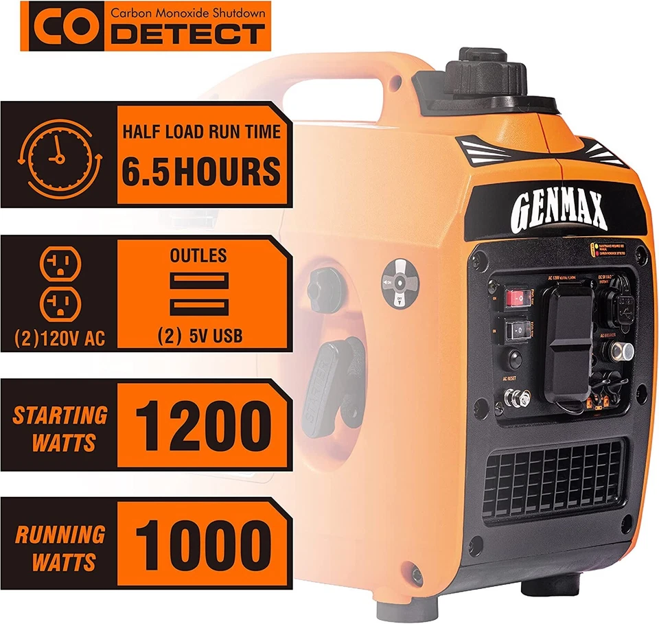GENMAX 1,200-W Super Quiet Portable Gas Powered Inverter Generator w/ CO Sensor - Image 2 of 4